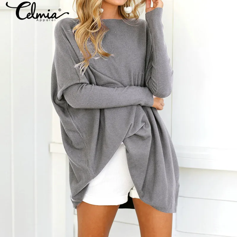 Celmia 2018 Oversized Women Sweater Long Sleeve Work Shirt O Neck Casual Tops Autumn Knitted Pullover Solid Sweater Plus Size