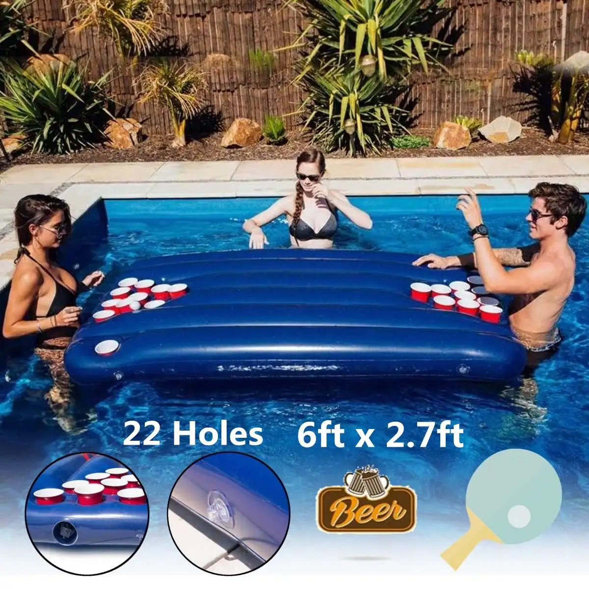 

6ftx2.7ft Inflatable Beer Table Pool Float Summer Water Party Air Mattress Ice Bucket Serving/Salad Bar Tray Food Drink Holder