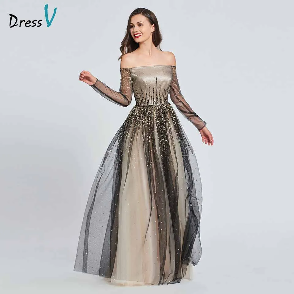 

Dressv a line off the shoulder long sleeves elegant beading prom dress floor length evening party gown prom dresses custom