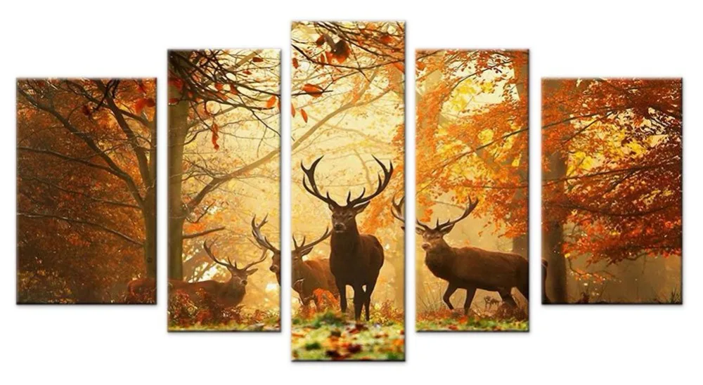Us 9 87 49 Off Deer Decor Wildlife Hunting Picture Wall Art Canvas Prints Large 5 Piece Country Themed Brown Artwork For Living Room Bedroom In Wall