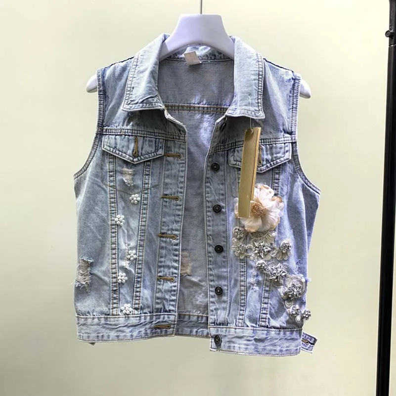 2019 летний ковбойский жилет с блестками и цветочным узором, женское джинсовое пальто, модный джинсовый жилет с бусинами, джинсовая куртка