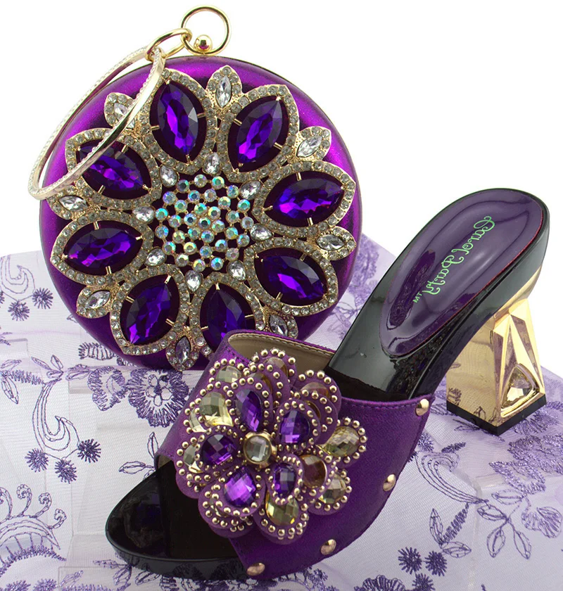 

Rhinestones shoes matching bag set italy design size 38 to 42 purple color shoe and bag matching set african aso ebi SB8274-2