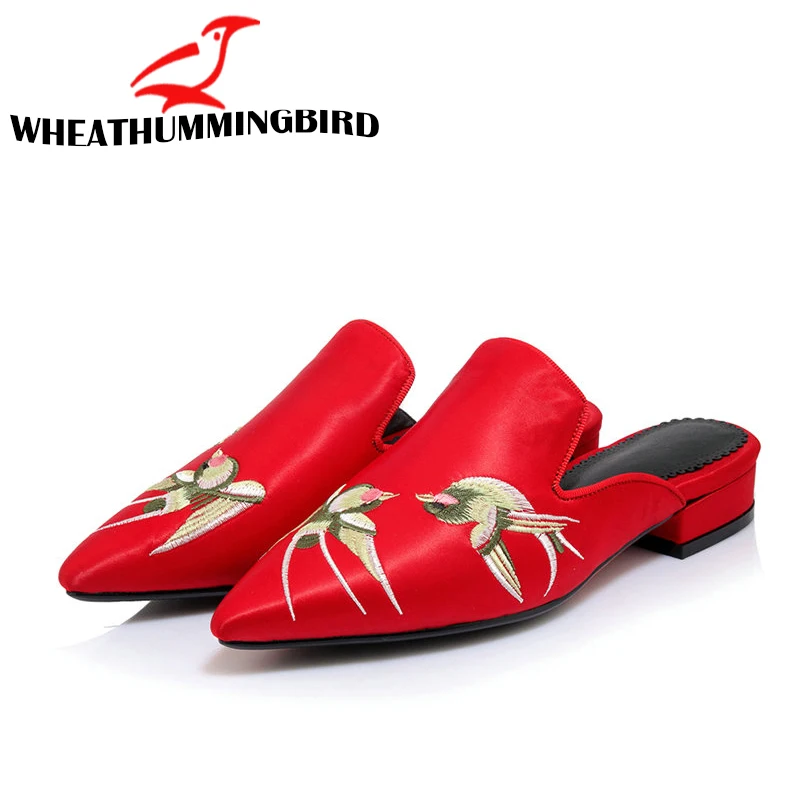 

Size 34-43 Women Retro silk Embroidery Summer Heel 2.5cm Height Pointed Toe Slippers Lady Slip On Mules Boho Dress Shoes MA-48