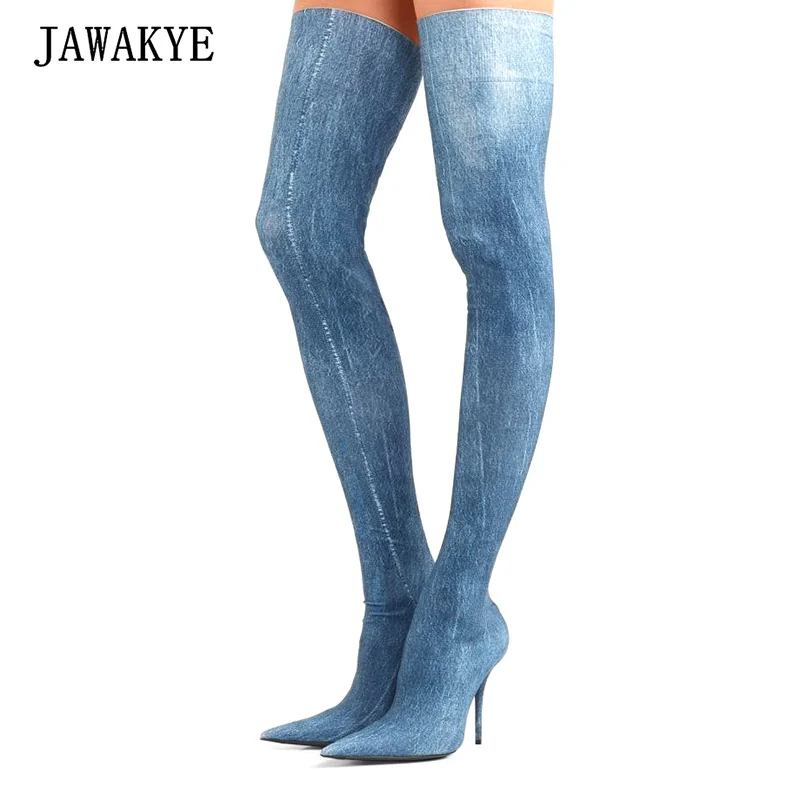 

2018 Over The Knee High Boots Women High Heels Boots Female Denim Jeans shoes Slim Long boots Fashion Thigh High Jeans Boots
