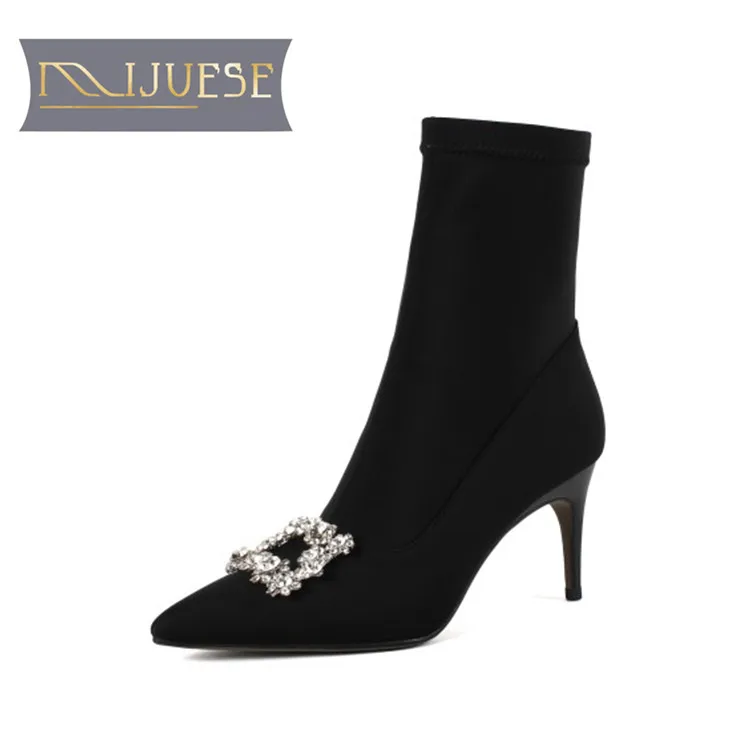 

MLJUESE 2019 women ankle boots stretch fabric crystal slip on pointed toe high heels boots winter short plush warm boots size 43