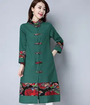 

Fashion Autumn And Winter New Large Size Women's Clothing With Ethnic Style Buttons Retro Printing Long Sleeve Trench Coat