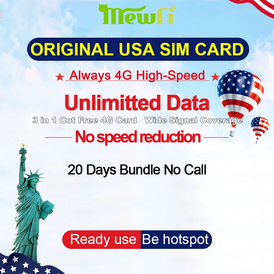 

Mewfi T-Mobile American/United States/USA Travel Sim Card 20 Days Unlimited 4G Data No Call Native Triple Mobile Phone Sim Card