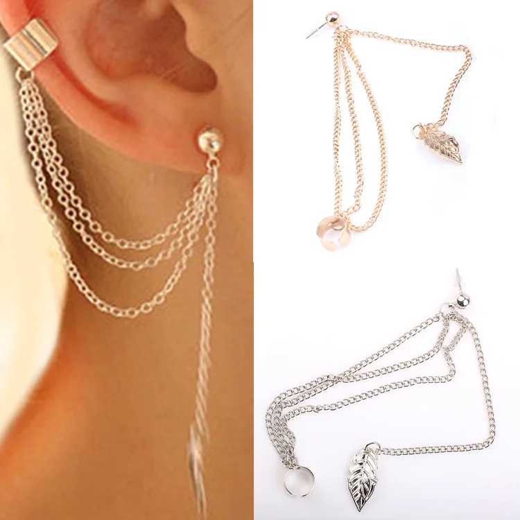 1pcs Fashion Jewelry Gold Silver Plated Tel Chains Leaf Pendant 1pcs Fashion Jewelry Gold Silver Plated Tel Chains Leaf Pendant Ear Cuff Elegant Women S Clip Earring In Earrings From Accessories On