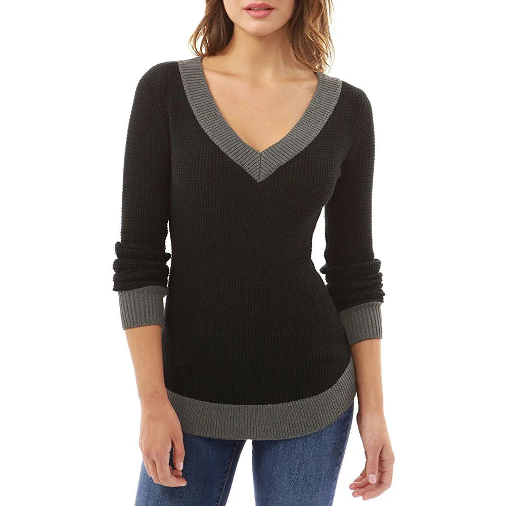 Winter V-Neck Color Block Sweater Women Fashion Slim Fit Warm Jumper Knitwear | Женская одежда