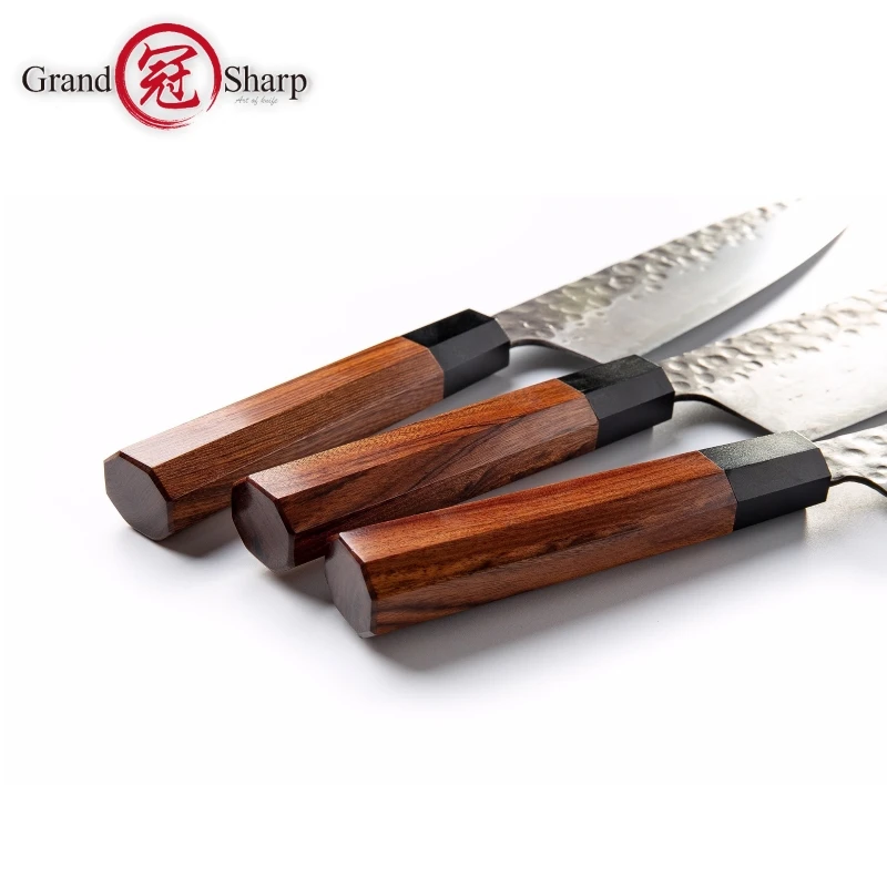  Handmade Kitchen Knives Set 3pcs 3 Layers Japanese AUS-10 Steel Chef Santoku Nakiri Knife ECO Frien - 32984438674