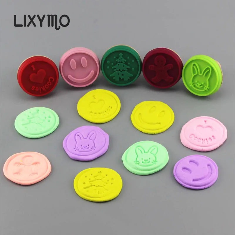 

LIXYMO cookie seal stamp DIY pastry cake cookie moulds home made prints molds tools baking tools 1pc sillicone & wood 5 designs