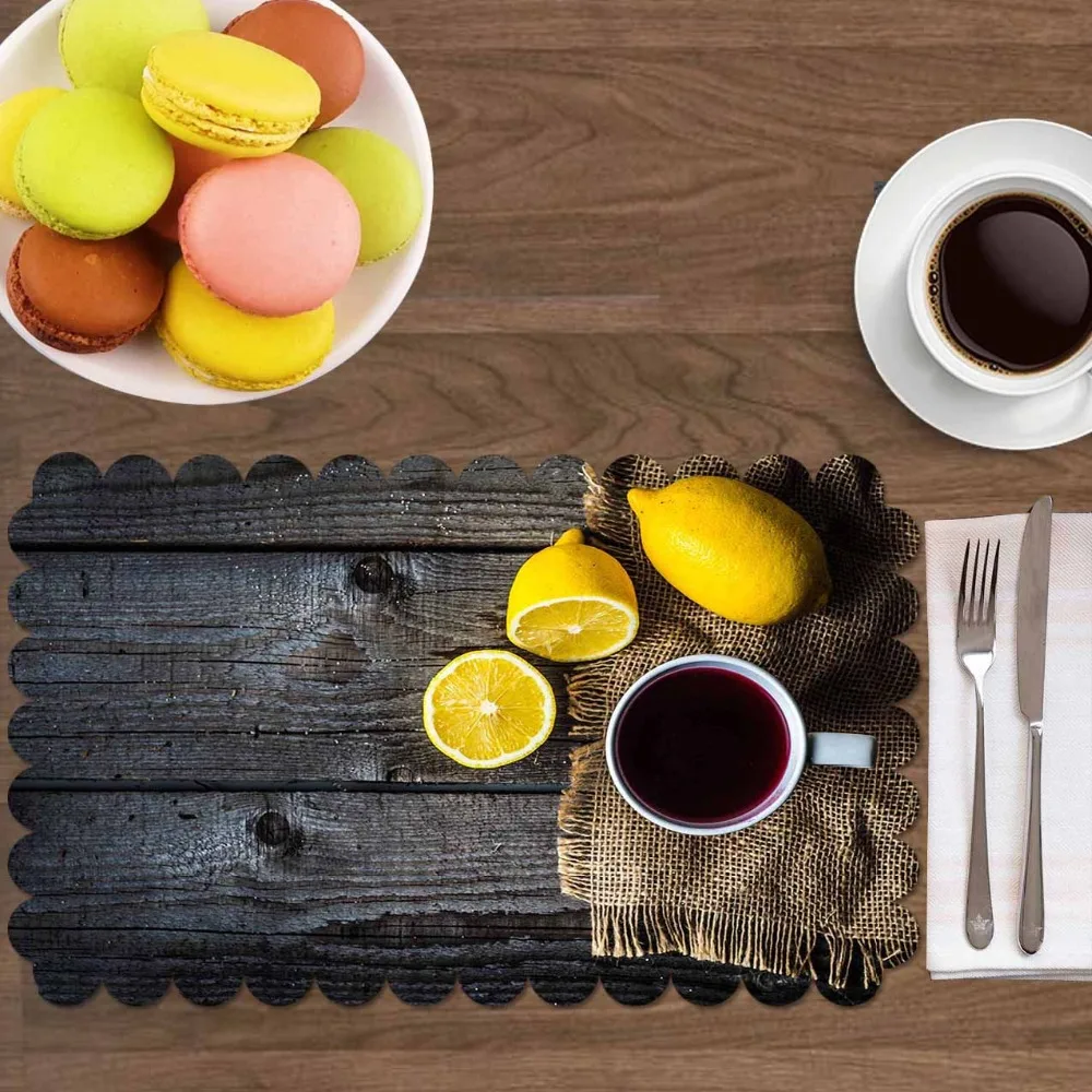 

Else Dark Gray Wood Yellow Lemons Cup of Tea 4 Pcs 3d Print Washable Micro Fabric Table Placemat Pad for Dining Room Kitchen