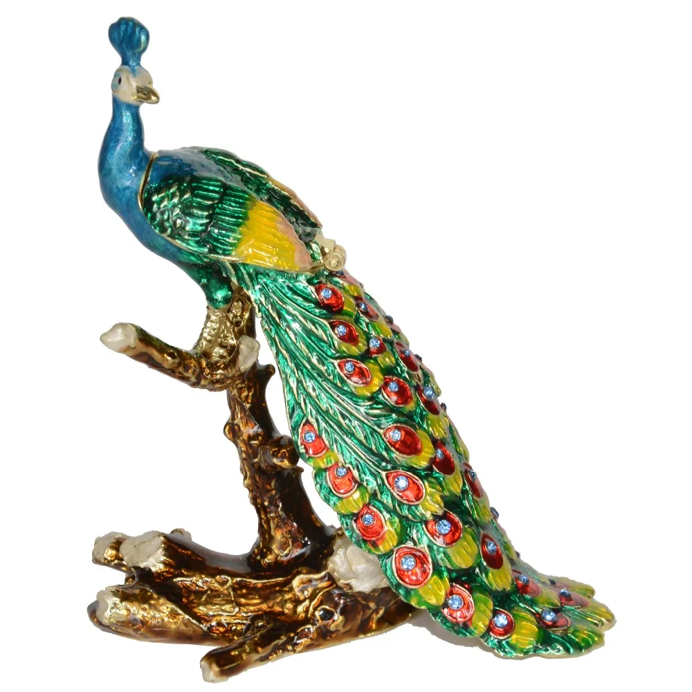 

Hand Painted Peacock on a Perch Ornament Trinket Box and Peacock Ring Holders Jewelry Container Peacock Decoration Gifts