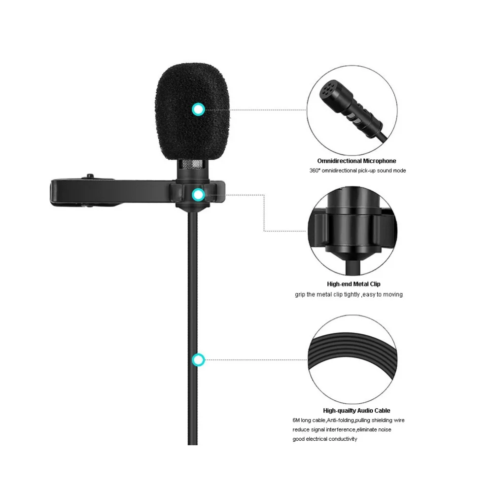 Lavalier Clip on микрофон ZhuoSheng 6 м 20 футов аудио рекордер конденсаторный для iPhone Samsung