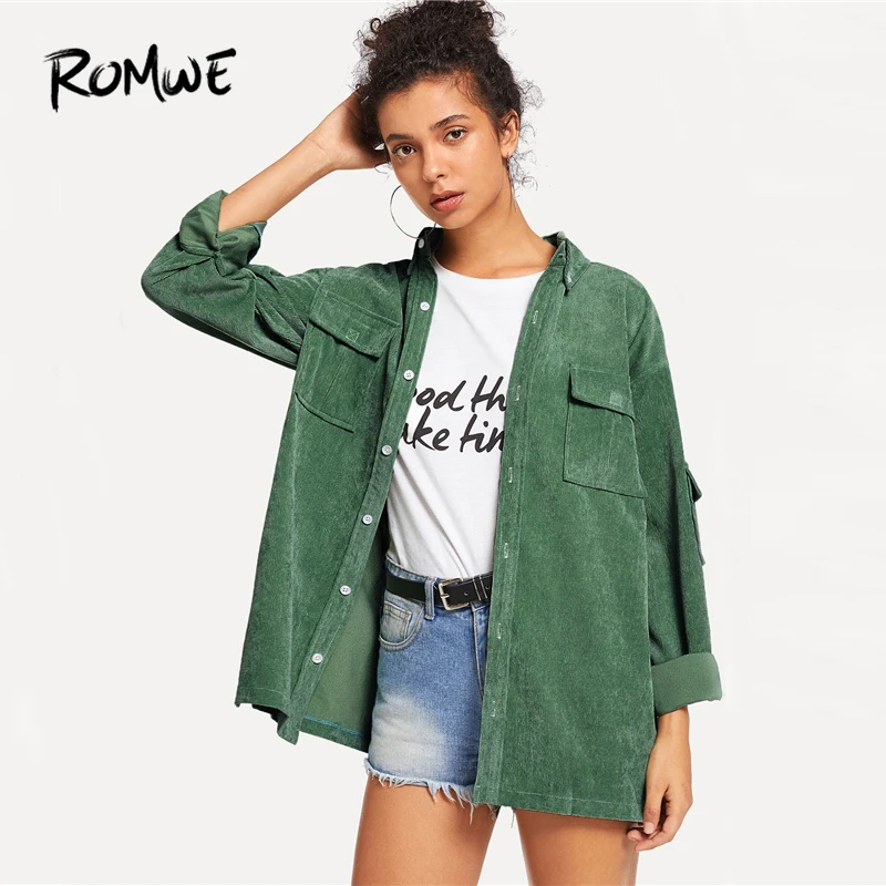incredible  ROMWE Green Button Pocket Detail Single Breasted Solid Coat Women Casual Fall Plain Long Sleeve Clo