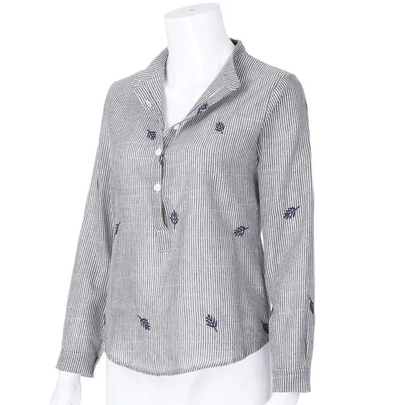 Fashion womens tops and blouses summer Autumn 2018 Linen Striped Stand Collar Embroidery Long Sleeve Shirt camicette Y30#N  (5)