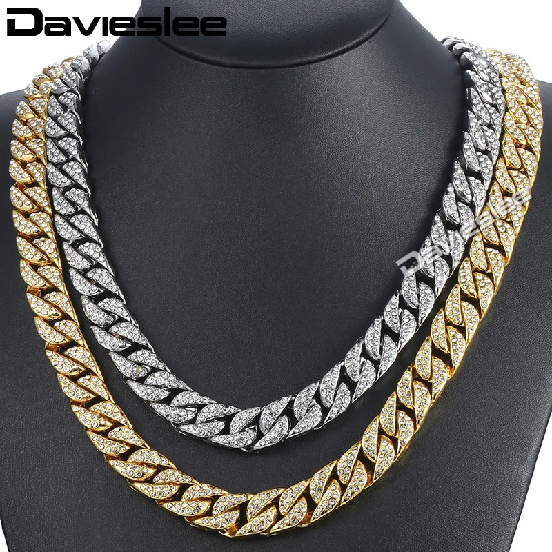 Davieslee14mm Men's Necklace Iced Out Miami Curb Cuban Gold Necklace Paved Clear Rhinestones