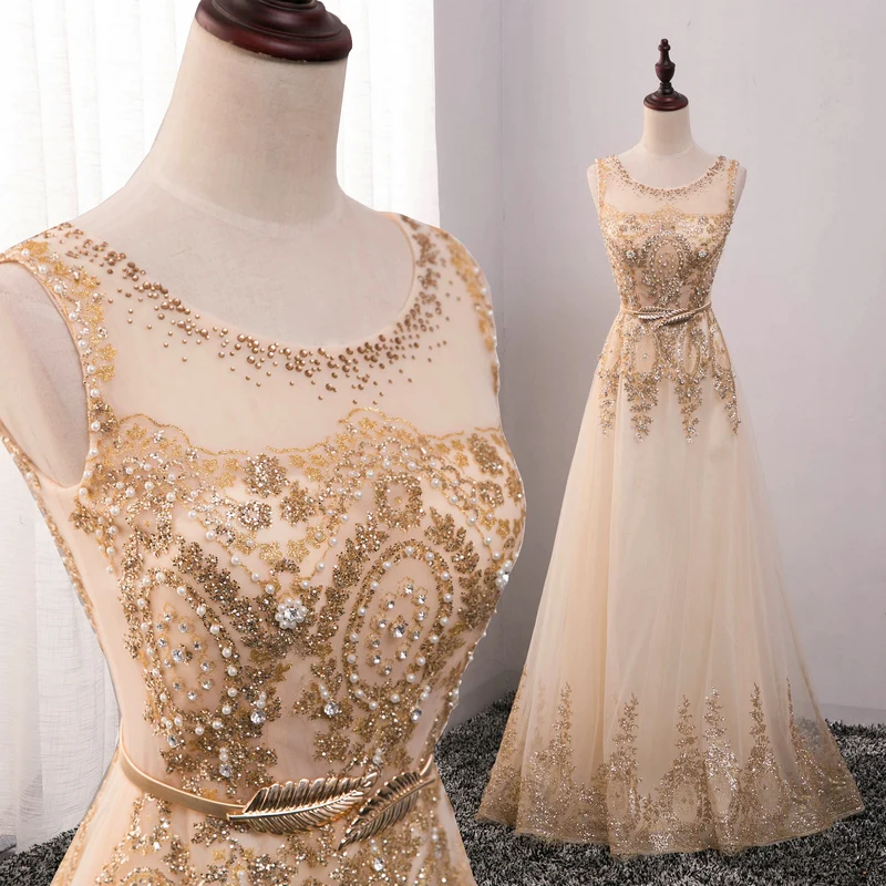 

2018 hot Lace Gold Evening Dress Long Formal gown Prom Robe de Soiree Mother of the Bride Dresses come with Belt plus size HL789