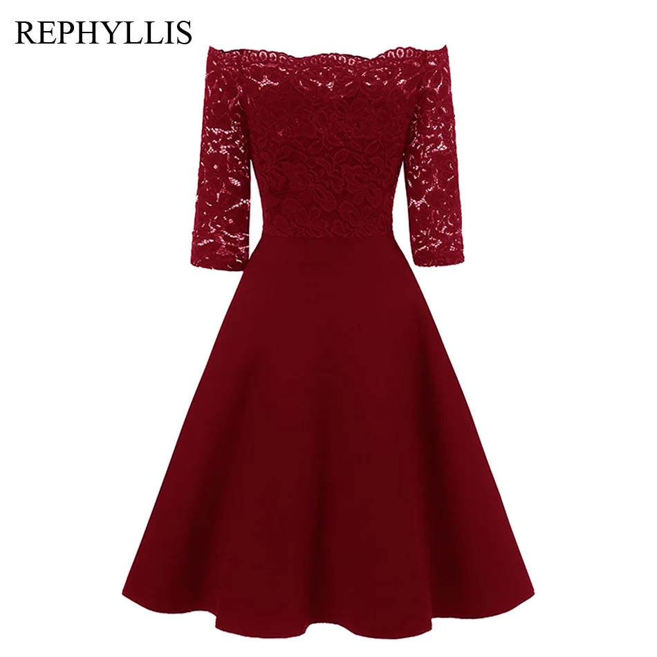 Goedkoop REPHYLLIS Vrouwen Lace 1 2 Mouwen Vintage Stiksels Cocktail Bruiloft Gast Party Ceremonie Elegante Midi Jurk