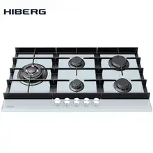 Встраиваемая варочная панель HIBERG VM-9055 W, ширина 90 см, 5 газовых конфорок, чугунные решетки, WOK конфорка, автоматический электро-поджиг, газ на стекле
