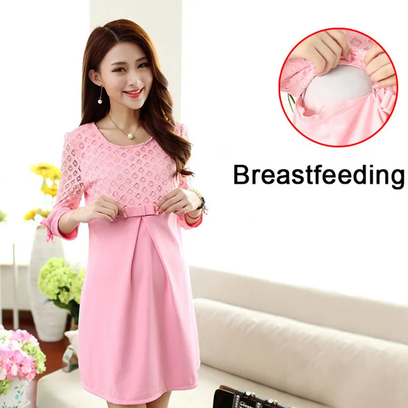 Pregnancy Breastfeeding Dress Pink Maternity Dresses Maternity Blouse Lace Pregnant Women Dresses Autumn Winter Nursing Dress