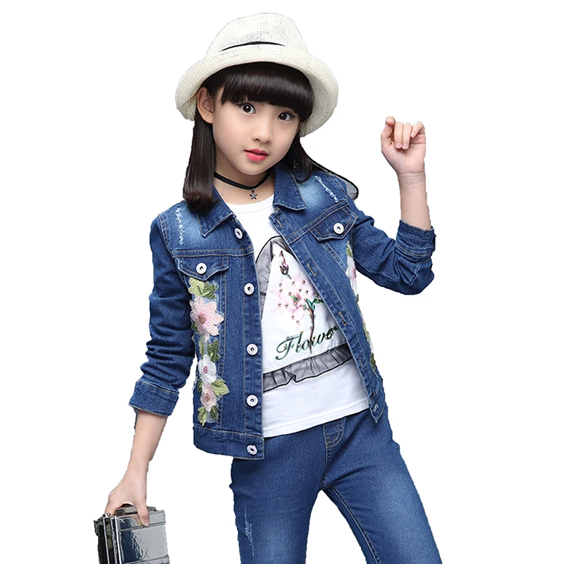 

2018 Spring School Children Tracksuits Kids Jean Jacket+Denim Pants 2pcs Girls Sport Suits Girls Denim Suits Kids Clothing Set
