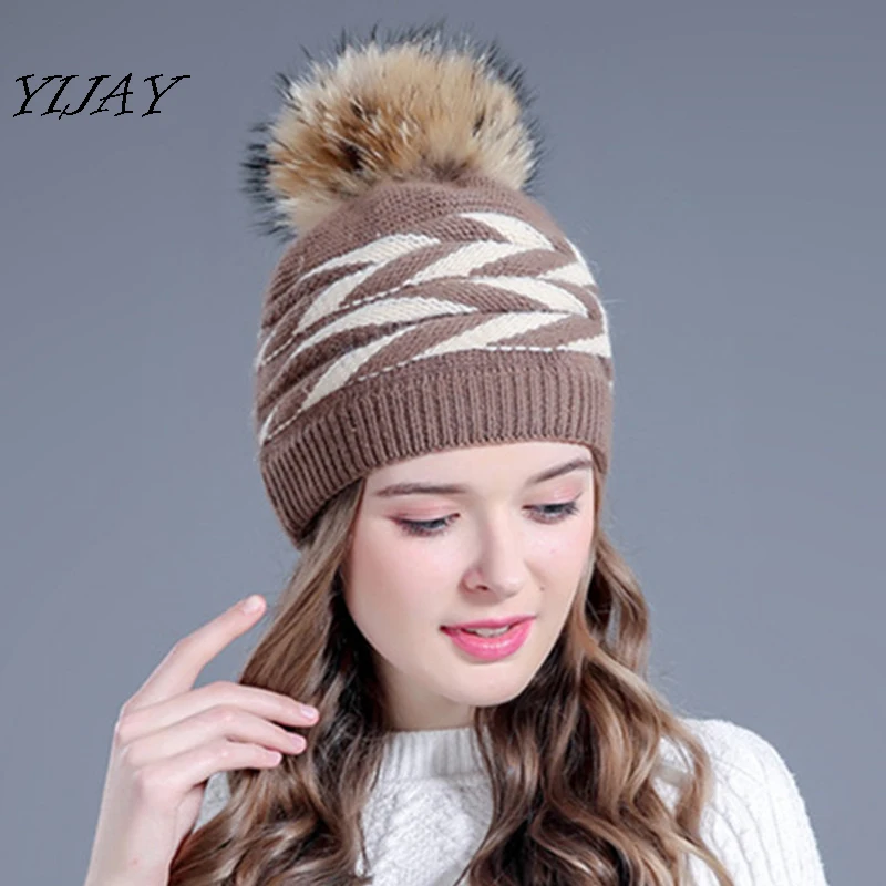 Winter double deck rabbit fur knitted winter hat for women real fur pom