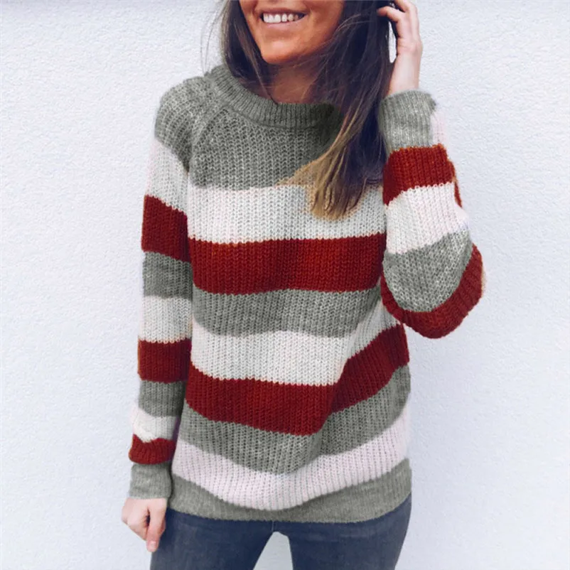 High quality sweaters fashion 2018 women Round Neck Striped Knitted Sweater party Jumper Pullover shirt Tops invierno A29#N (7)