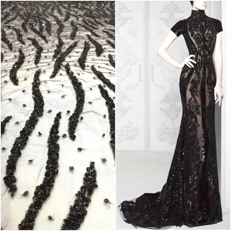 

Black elastic handmade lace guipure with beads and sequins for wedding and evening dresses,price per one meter, Lace 14, MA