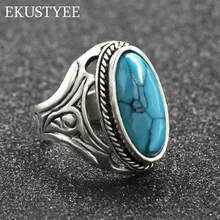 Anillo de piedra Natural antiguo Vintage, joyería de moda, anillo de dedo turquesas azules para mujeres, anillos de aniversario de bodas