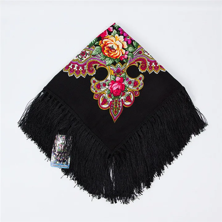 135x135 см русский Ретро стиль большой размер хлопок квадратный шарф цветок кисточкой шарф Обертывания Дамский зимний шарф одеяло шаль Пашмина - Цвет: 1 black