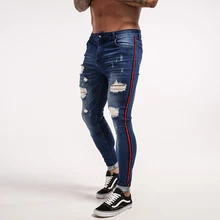 GINGTTO, мужские Стрейчевые джинсы, супер напыление, рваные джинсы для мужчин, облегающие, для занятий спортом, типы тела, красная полоска, сбоку, zm21