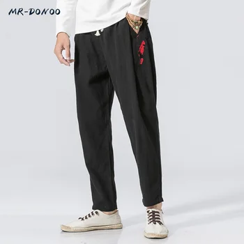 

MRDONOO Chinese wind linen male loose large yards carp embroidery linen trousers retro Chinese style suit