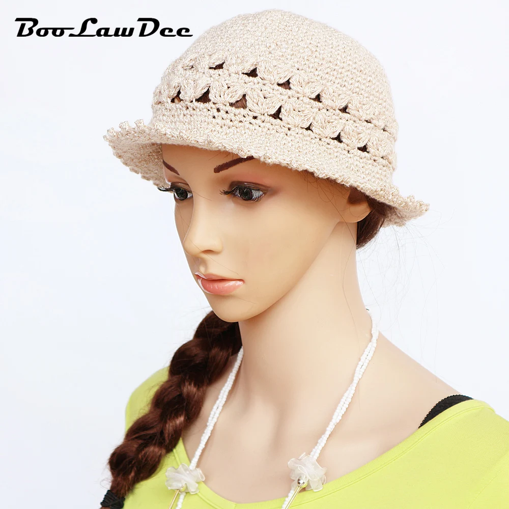 

BooLawDee women handmade crochet bucket hat Autumn Summer Spring hollow out breathable chapeau solid color 54cm 57cm M009