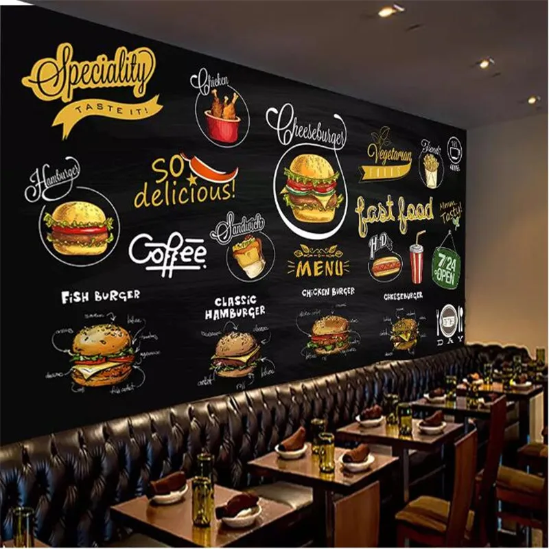 Hand-painted chalkboard western pizza hamburger background wall custom large indoor wallpaper mural 3D photo wall Hand-painted chalkboard western pizza hamburger background wall custom large indoor wallpaper mural 3D photo wall