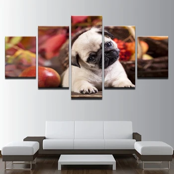 

Wall Canvas Art Painting Frame For Room Home Decor 5 Panel Pictures Cute Pug Puppies And Fruits Poster Modern HD Printed Photo