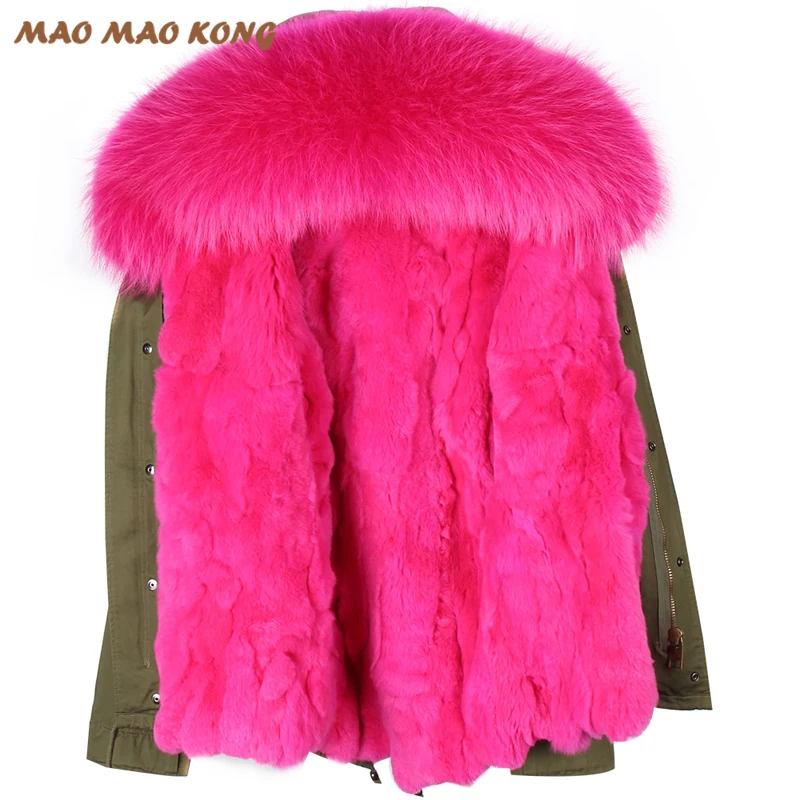 

2019 New winter woman coat parkas jacket army green large raccoon fur collar hooded detachable rex rabbit fur lining brand style