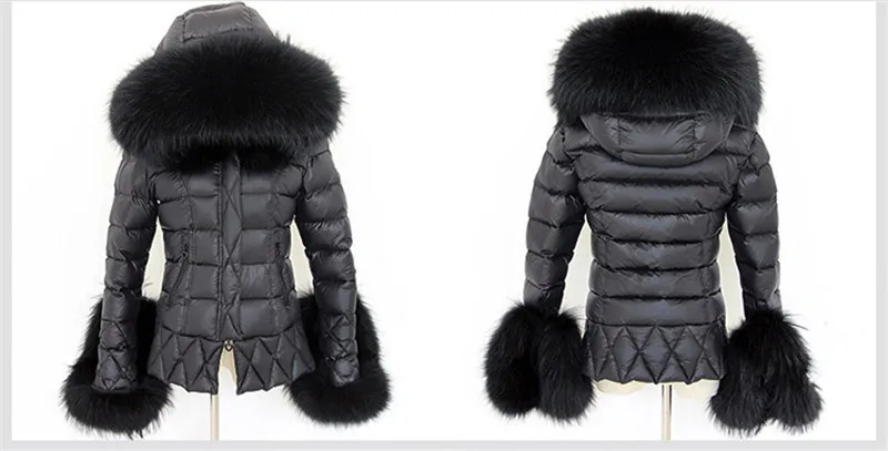 Новое модное женское зимнее пальто и жакеты Воротник мех енота Утиный пух Парка черная Уличная одежда