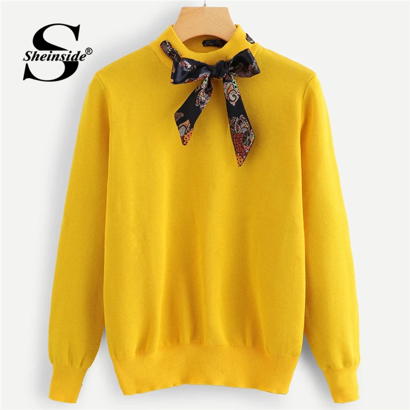 

Sheinside Ginger Tie Neck Jumper Long Sleeve Pullover Women Sweater 2018 Autumn Womens Fashion Solid Knitted Decoration Sweaters