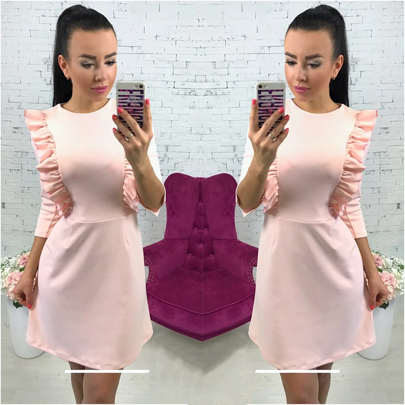 OYDDUP2018 Spring Women's Sweet Ruffle Dress Casual Round Neck 3/4 Sleeve Ladies Elegant Back Zip Vintage | Женская одежда