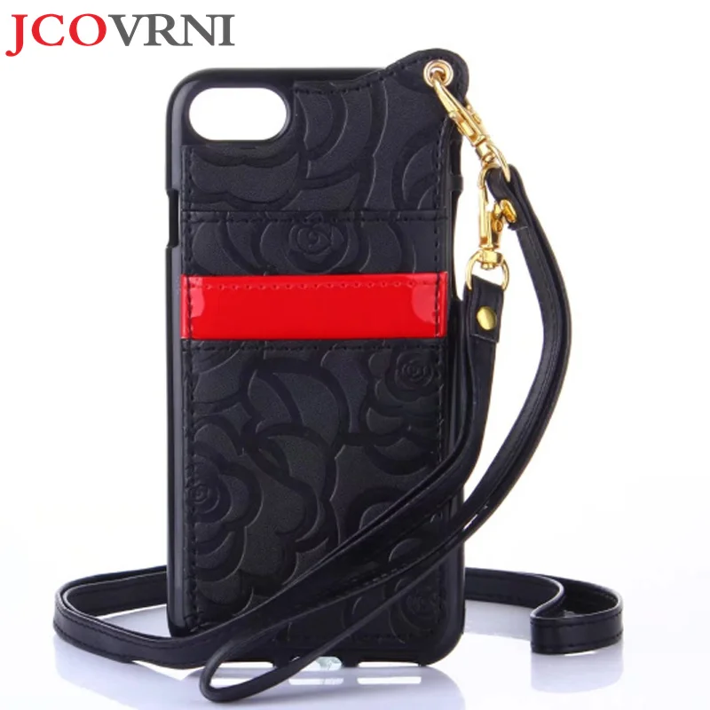 

JCOVRNI Fashion girl lanyard phone case for iphone X Camellia pattern with card function for iphone8 8plus phone back cover case