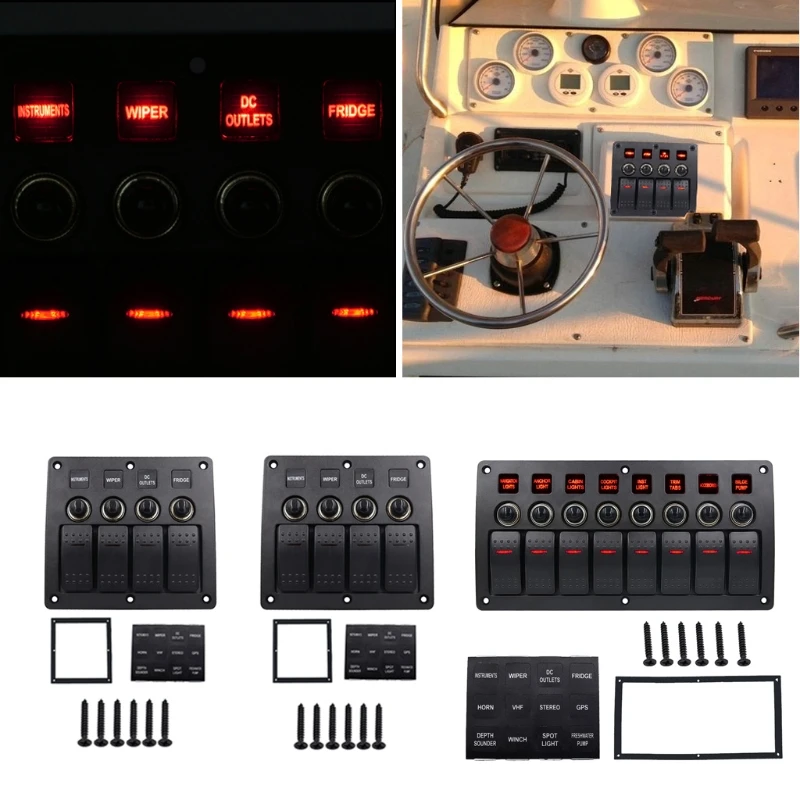 

4/6/8 Gang Red LED Waterproof Rocker Panel Switch w/Lens For Marine Boat 12-24V