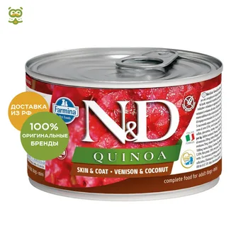 

N&D Dog Quinoa Wet Food Skin & Coat Mini консервы для собак мелких пород, Оленина и кокос, 140 г.