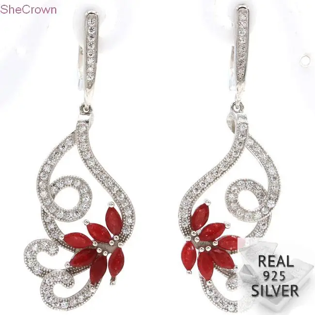 

7.85g Real 925 Solid Sterling Silver Elegant Butterfly Real Red Ruby White CZ Ladies Gift Earrings 49x16mm