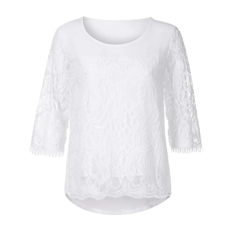 Fashion womens tops and blouses summer Autumn 2018 O Neck Sleeve Lace Chiffon Top Casual Blouse Tops Shirt camicette Y30#N  (5)