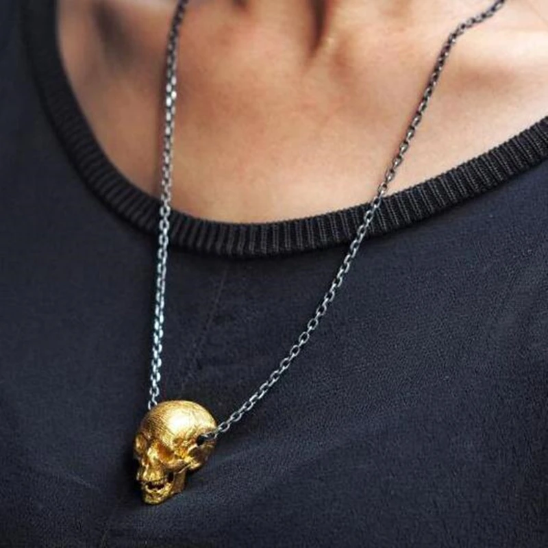 Decaying Gold Color Copper Skull Pendant Necklace Men Biker Rock Punk Jewelry
