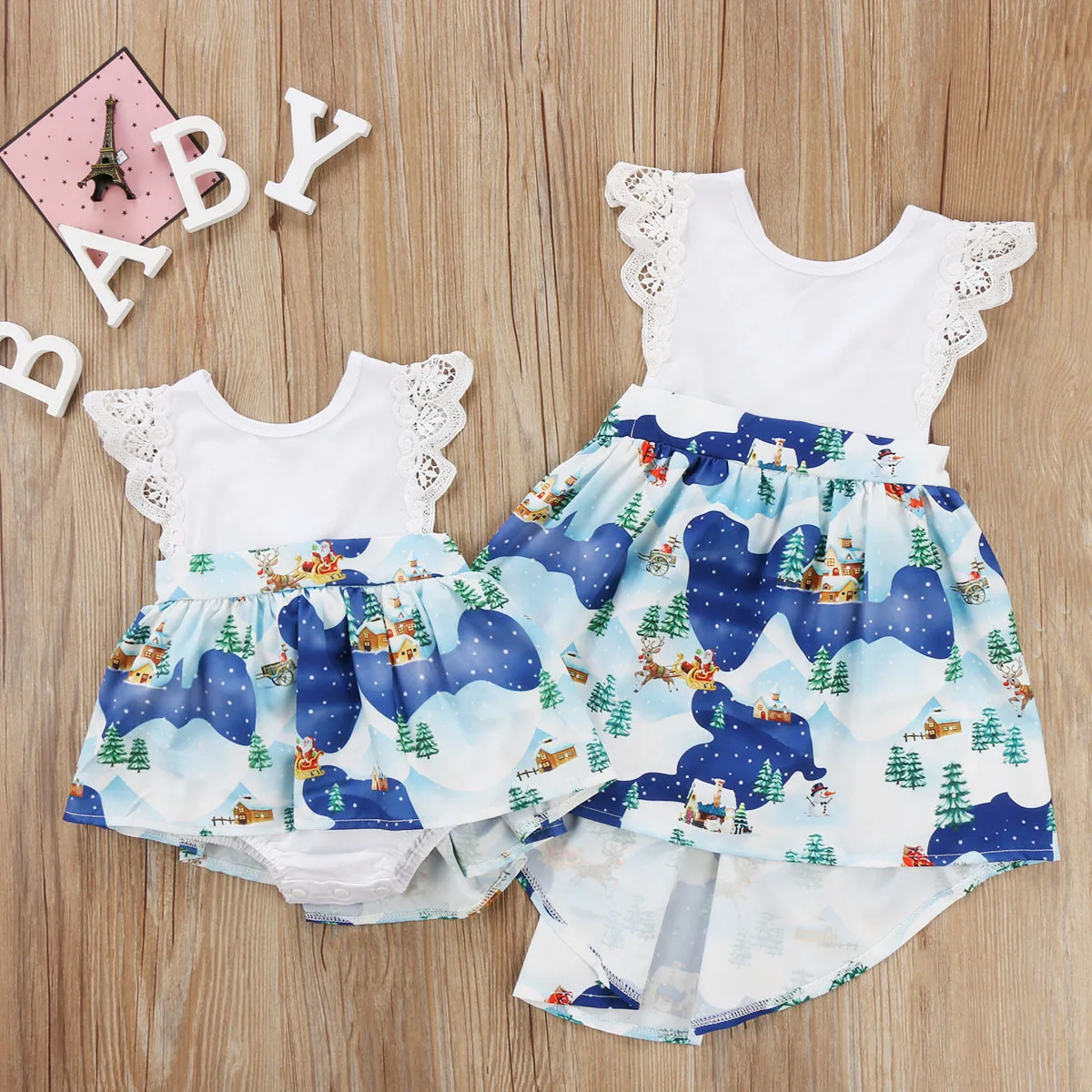 

Christmas Baby Girls Toddler Kids Xmas Lace Romper Dress Party Dresses Costume Toddler Infant Girl Print Daily Sisters Sundress