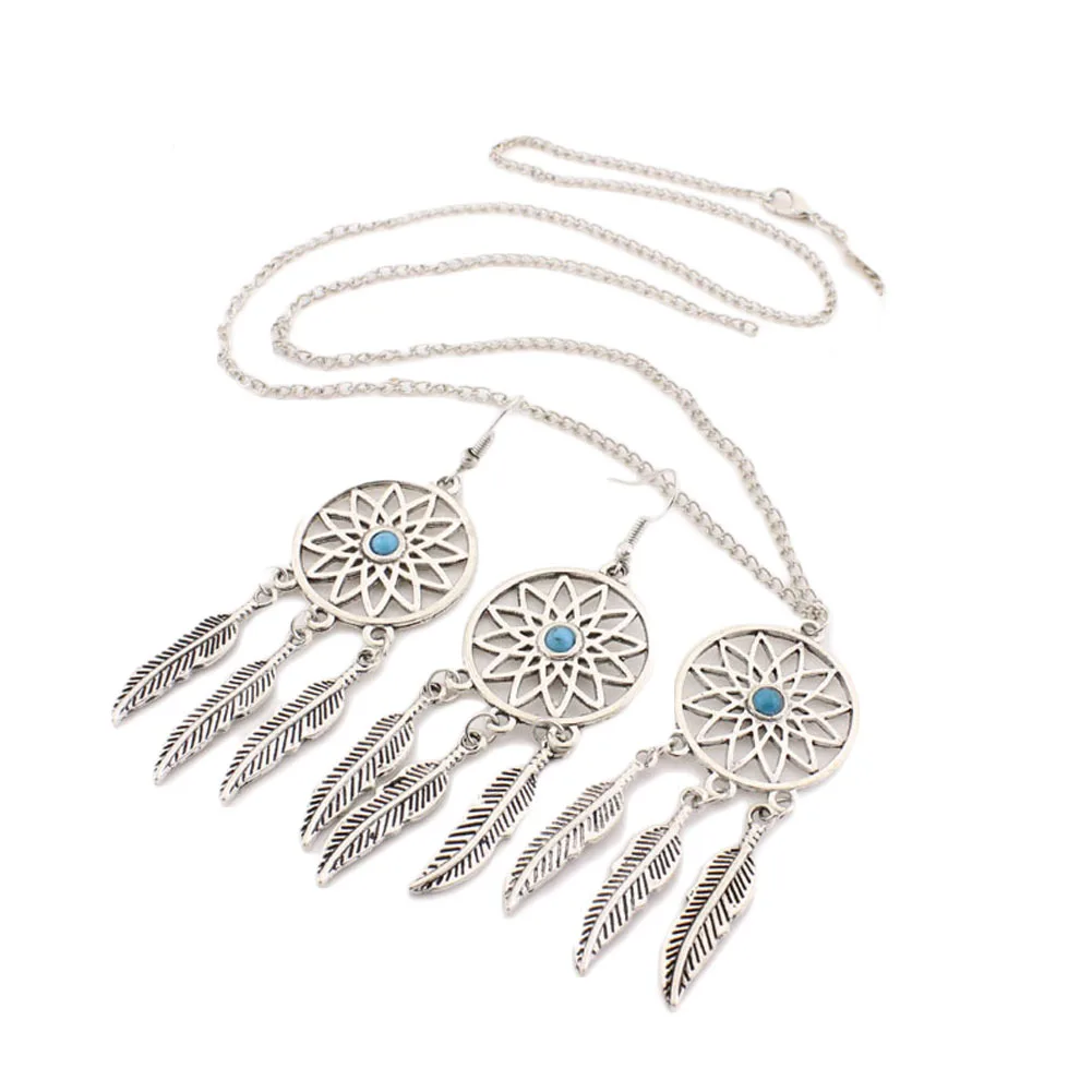 1Set Dream Catcher Charm Pendant Necklace Jewelry Set Antique Silver