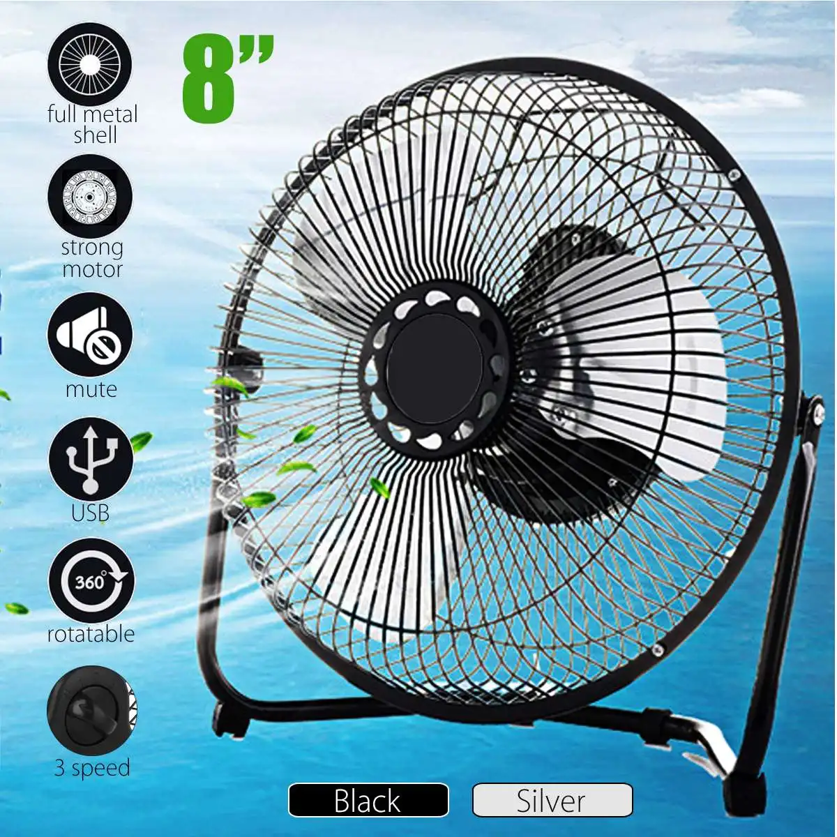 

warmtoo Portable 8'' Metal Electric 360 Degree Rotatable USB Fan Cooler Rechargeable Battery Desk Table Fan For Home Office