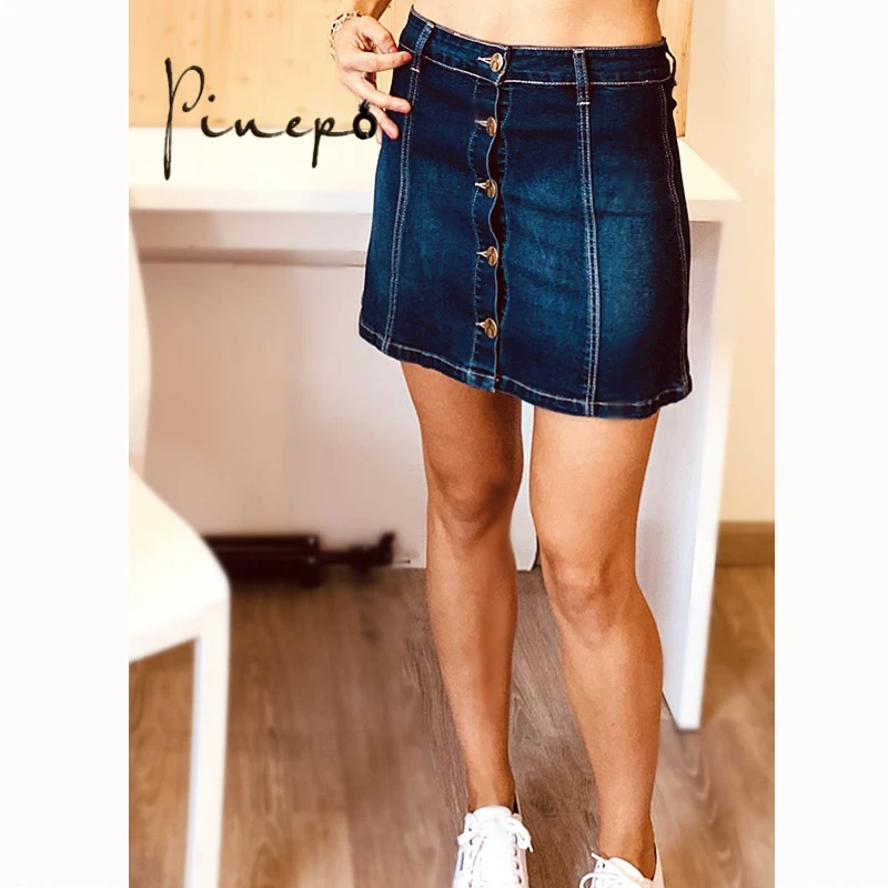 Pinepo Falda Vaquera Mujer Azul Cintura Alta Denim Falda Tejana Midi Algodon Botones Frontales Silueta A Line Estampado Solido Streetwear Verano Playa Comoda Casual Basica Moda Mujer Nueva Llegada Faldas Aliexpress